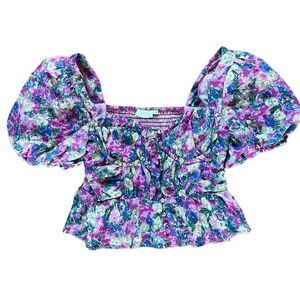 Astr Floral Puff Sleeve Blouse - Purple and Green